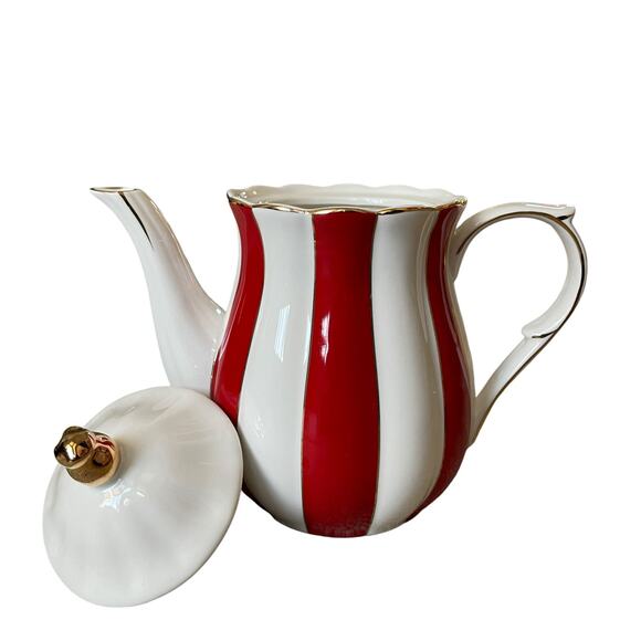 Grace Teaware Fine Porcelain Teapot Holiday Red White Gold Peppermint Stripe New - Picture 12 of 16